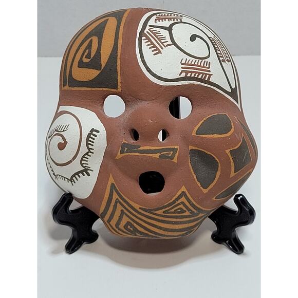 South America Latin Aztec Style Geometric Artisan Small Clay Mask White Black - Picture 1 of 6